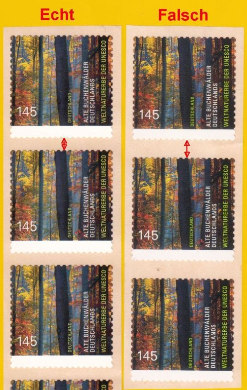 Vorderseite Dreierstreifen „Buchenwälder“ - links die echten Marken, rechts die Fälschungen