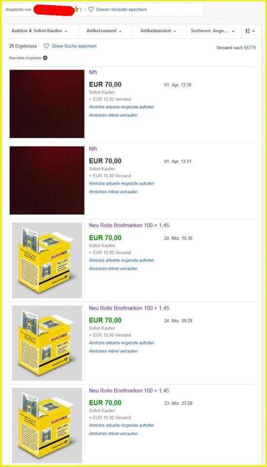 Bildschirmkopie vom versuchten Verkauf am 1. April 2018