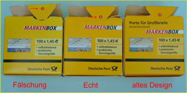 Schachtelvergleich Helgolandmarke selbstklebend von der Vorderseite – rechts ist die alte Verpackung vor Änderung der Hotline-Nummern, in der Mitte die neue Verpackung ab circa 2013 und links ist die Fälschung der mittleren Verpackung Schachtelvergleich Helgolandmarke selbstklebend von der Vorderseite – rechts ist die alte Verpackung vor Änderung der Hotline-Nummern, in der Mitte die neue Verpackung ab circa 2013 und links ist die Fälschung der mittleren Verpackung