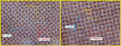 Vergleich Ausschnitt des Rasters im Bereich des Hauses – links die echte Marke – rechts die Fälschung – man sieht hier im Detail deutlich, dass die Raster nicht gleich sind Vergleich Ausschnitt des Rasters im Bereich des Hauses – links die echte Marke – rechts die Fälschung – man sieht hier im Detail deutlich, dass die Raster nicht gleich sind