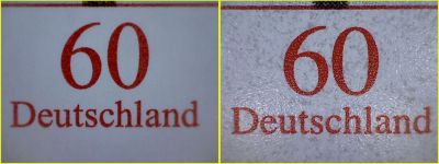 Bildmontage – Vergleich Wertziffer und Schriftzug Deutschland – links echt – rechts falsch – hier ist deutlich der schmutzig wirkende weiße Hintergrund bei der Fälschung erkennbar, außerdem sieht man dort leicht die vorhandene überdeckende Lackschicht Bildmontage – Vergleich Wertziffer und Schriftzug Deutschland – links echt – rechts falsch – hier ist deutlich der schmutzig wirkende weiße Hintergrund bei der Fälschung erkennbar, außerdem sieht man dort leicht die vorhandene überdeckende Lackschicht
