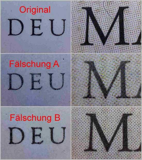 Vergleich eines Teils des Schriftzuges „Deutschland“ und des „M“ von Max Liebermann im Zierfeld – oben echt, Mitte Fälschung A, unten Fälschung B