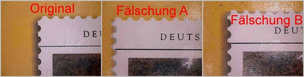 Vergleich von der abgebildeten Marke auf dem Deckblatt jeweils von der oberen Ecke links, links das Original, in der Mitte die Fälschung A und rechts die Fälschung B