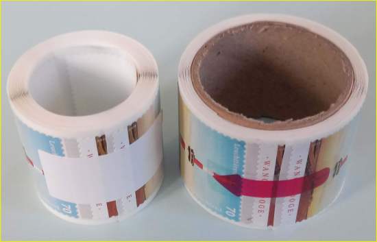 Foto der echten Rolle Wangerooge links und rechts der Fälschung mit unterschiedlicher Versiegelung