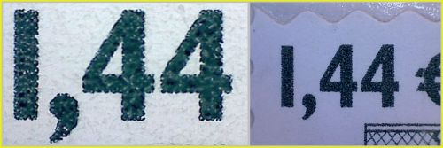 Vergleichsausschnitt Wertangabe links echt mit den ausgefransten Rändern, rechts die Fälschung