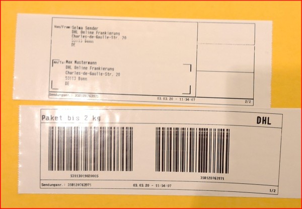 Mobile-Paketmarke bis zwei Kilo (Musterausdruck) von der Pressekonferenz in Berlin vom 3. März 2020 – Foto Peter Huss