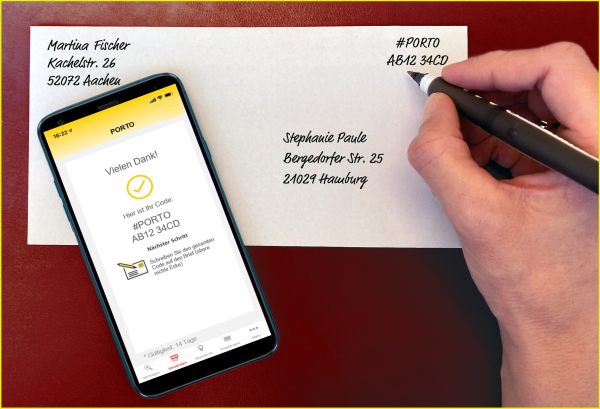 Pressefoto der Post, wie der Nachfolger des Handyportos, die mobile Briefmarke, aussehen soll