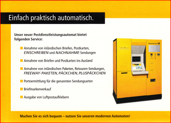 Postdienstleistungsautomat aus dem Jahr 2002, erstmals vorgestellt auf den Posttagen 2002 in Bonn – Hersteller Firma Samkyung, der damals sowohl Briefe als auch Pakete vollautomatisch frankieren konnte