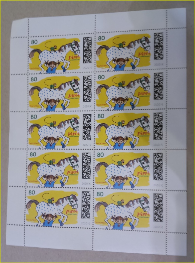 Zehner Probebogen mit dem Motiv Pippi 80 Cent mit identischen Matrixcode für dieses Motiv