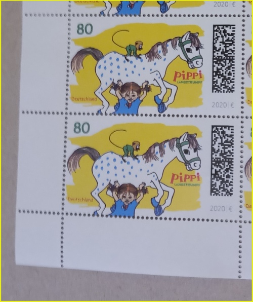 vergrößerter Ausschnitt des Probebogens mit dem Motiv Pippi 80 Cent mit identischen Matrixcode