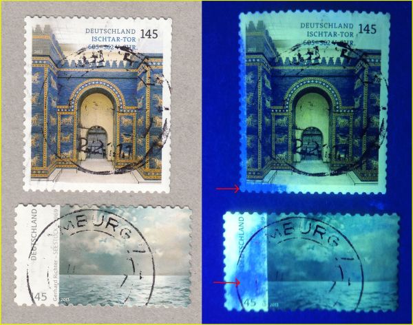 Gewaschene Briefmarken hier am Beispiel Ischtar-Tor und Seestück – links sieht man die Marken mit 600 dpi gescannt und die selben Marken rechts unter UV-Licht. Hier sieht man allerdings keine Stempelreste oder Tintenstrahldruckreste, sondern nur teilweise blaue Flecken, die zeigen, das die Marken präpariert worden waren, um vorher vorhandene andere Stempel zu entfernen