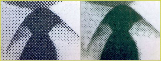 Bildausschnitt von der Krawatte oben – links die echte Marke – rechts die Fälschung , bei der keine helleren Zwischenräume mehr zu sehen sind