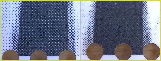 Bildausschnitt der Krawatte im unteren Teil – links die echte Marke – rechts die Fälschung