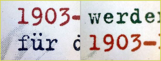 Bildausschnitt eines Teils der Schrift – links die echte Marke – rechts die Fälschung