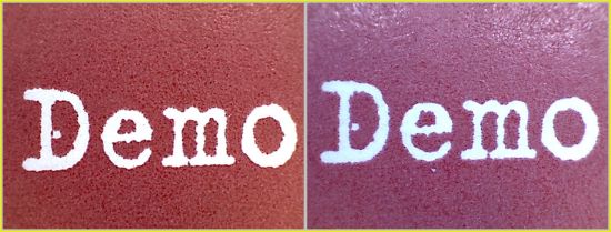Bildausschnitt vom Bogenrand mit dem Schriftzug „Demo“ links die echte Marke – rechts die Fälschung