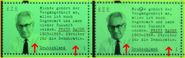 Vergleich bei größerer Betrachtung einer Einzelmarke – links die echte Marke – rechts die Fälschung