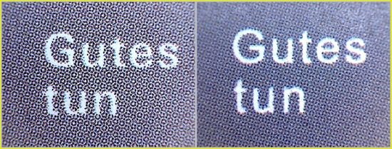 Der selbe Teilausschnitt der Schrift aus dem mittleren Bogenbereich, - hier sieht man links bei der echten Marke eine beginnende Rosettenbildung, die bei der Fälschung rechts nicht vorhanden ist