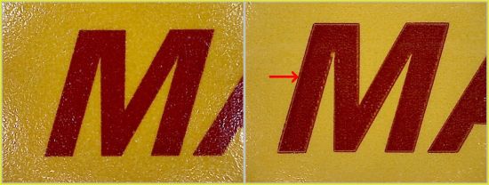 Teilausschnitt vom Deckblatt – hier der Buchstabe M – links das echte und rechts das falsche Deckblatt mit dem Rahmen um die Buchstaben Teilausschnitt vom Deckblatt – hier der Buchstabe M – links das echte und rechts das falsche Deckblatt mit dem Rahmen um die Buchstaben