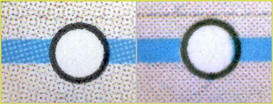 Vergleich der blauen U-Bahnlinie mit Stationskreis – links die echte Marke mit Rasterung im blauen Bereich, rechts die Fälschung ohne Rasterung