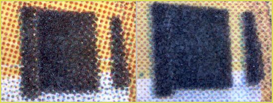 Vergleich einer schwarzen Wandverkleidung im Durchgangsbereich – links die echte Marke mit dem kräftigen Schwarz, rechts die falsche mit dem stumpfen Schwarz