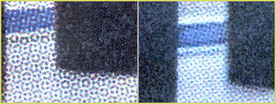 Vergleich vorhandene Offsetrosetten bei der echten Marke links, und fehlenden Rosetten rechts