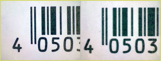 Vergleich eines Teils des EAN-Codes – links die echte Marke mit den sauberen Konturen, rechts die Fälschung, bei der ein leichter „Schatten“ erkennbar ist