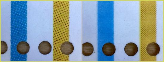 Vergleich Randelement links unten Seite – links der echte Bogen, rechts die Fälschung   