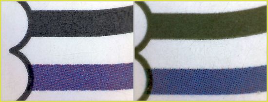 Vergleich vorletztes Randelement links – links der echte Rand und links die Fälschung , bei der man deutlich bei der unteren Linie ein schwarzes Raster erkennen kann