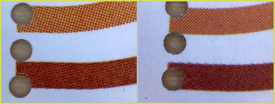 Vergleich mittleres Randfeld – links der echte Rand – rechts die Fälschung mit dem schwarzen Raster   