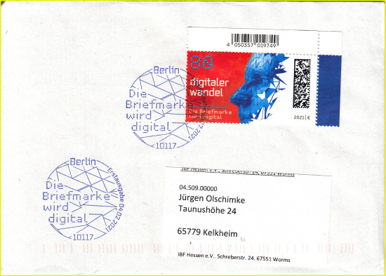 Ersttagsbrief der Marke „Digitaler Wandel“ frankiert mit naßklebenden Eckrandstück und blauen Ersttagsstempel aus Berlin