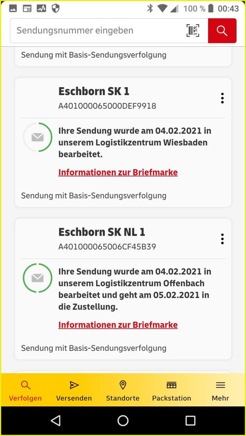 Bildschirmkopie am 5. Februar um 0 Uhr 43 vom Smartphone von zwei Sendungen vom ersten Tag, die über den DMC verfolgt wurden. Oben sieht man eine Sendungsmeldung für eine Sendung, die einen weiteren Weg hat, unten die Sendung ist zu diesem Zeitpunkt schon im BZ Offenbach angekommen