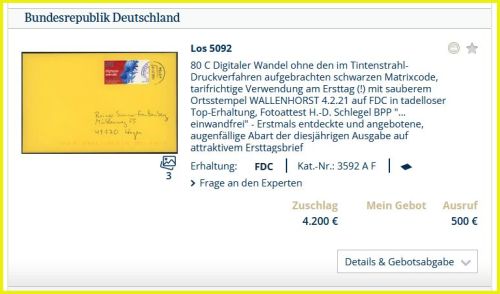 Bildschirmkopie vom Auktionsergebnis der Firma Felzmann für den Ersttagsbrief ohne Datamatrixcode