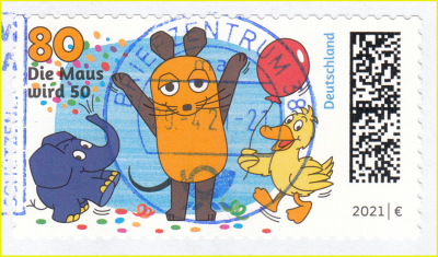 Eine der ersten Briefmarken mit Datamatrixcode, hier das Motiv „Die Maus wird 50“