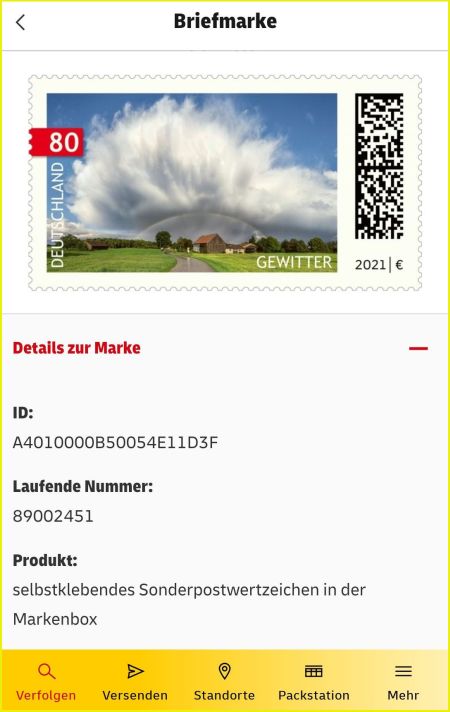 In diesen und dem nächsten Bildschirmfoto sehen Sie am Beispiel einer gescannten Gewittermarke aus einer Markenbox verschiedene Informationen