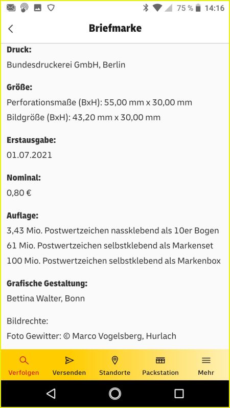 In obigen und diesen Bildschirmfoto sehen Sie am Beispiel einer gescannten Gewittermarke aus einer Markenbox verschiedene Informationen