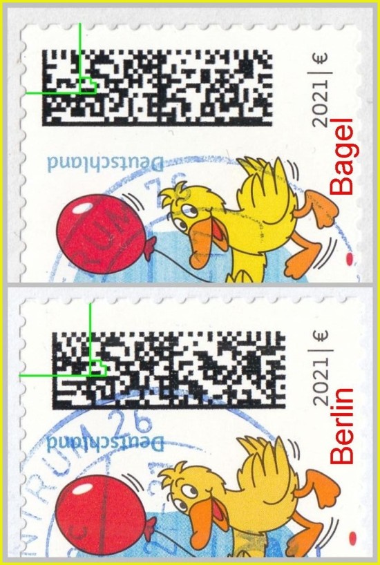 Bildschirmausschnitt vom Datamatrixcode von der Marke mit der Maus – oben die von Bagel, unten die von der Bundesdruckerei, erkennbar an der grün marikerten Stelle (Code-Wort-Feld 18)