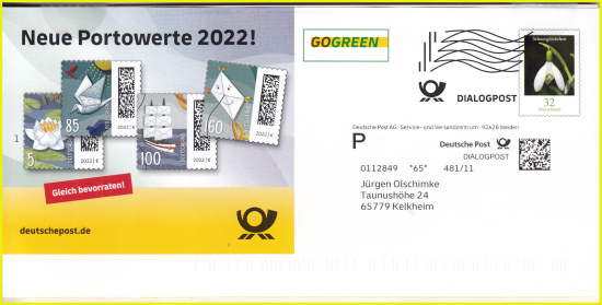 Eine von verschiedenen Dienstganzsachen mit Werbung für die neue Dauerserie – hier mit dem neuen 32 Cent Wert Blumenwert (Schneeglöckchen), erhalten am 15. Januar 2022