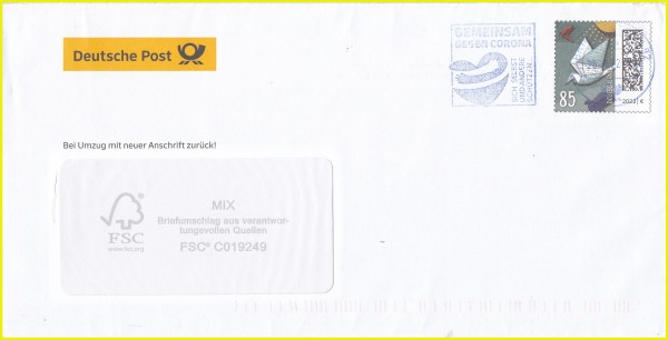 Plusbrief Din lang mit Fenster mit der 85 Cent Marke Brieftaube und dem Werbezudruck „Deutsche Post“ sowie nicht sichtbar auf der Rückseite mit Zudruckwerbung für den Plusbrief Individuell, entwertet am 28. Januar 2022 im Briefzentrum 92