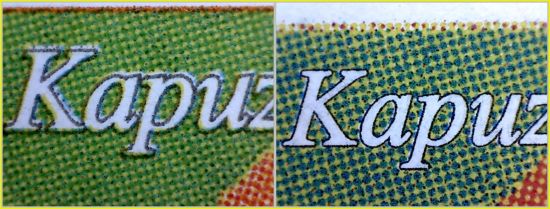 Teilvergleich des Schriftzugs „Kapuzinerkresse“ - links die echte Marke, rechts die Fälschung mit der sehr präzisen sauberen Umrandung in bester Qualität Teilvergleich des Schriftzugs „Kapuzinerkresse“ - links die echte Marke, rechts die Fälschung mit der sehr präzisen sauberen Umrandung in bester Qualität