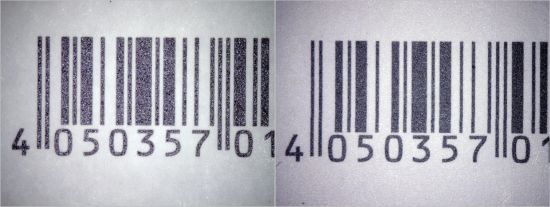 Vergleich der EAN-Balken am Beispiel der 155 Cent Marke Buschwindröschen – links die echten Balken, rechts die gefälschten Balken