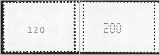 Links die Rückseite einer echten Marke Buschwindröschen mit neuer Nummerierung, rechts die Fälschung mit der deutlich anderen senkrechten Trennung