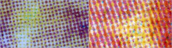 Ein Mikroskopausschnitt vom Zentrum, links die echte Marke im Offsetdruck, rechts die Fälschung im Digitaldruck