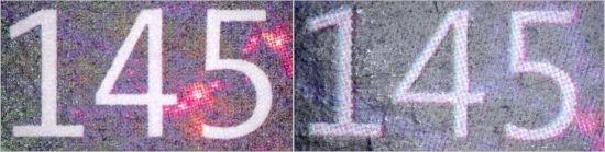 Vergleich des Drucks der Wertziffer, links die echte Marke mit weißen Hintergrund und rechts die Fälschung mit ergänzenden Farbpixeln