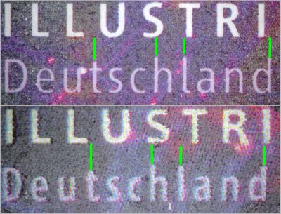 Ein Vergleich der Schrift – oben die echte Marke, unten die Fälschung jeweils mit grünen Hilfslinien gekennzeichnet