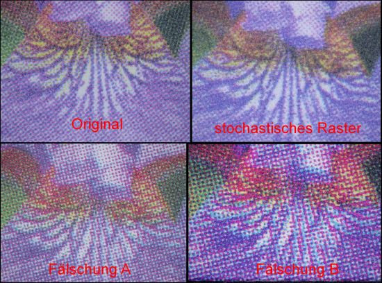 Die Blütenlinien im Detail – links oben das Original, rechts oben die Fälschung mit stochastischen Raster, unten die etwas unterschiedlichen chinesischen Fälschungen A und B Die Blütenlinien im Detail – links oben das Original, rechts oben die Fälschung mit stochastischen Raster, unten die etwas unterschiedlichen chinesischen Fälschungen A und B