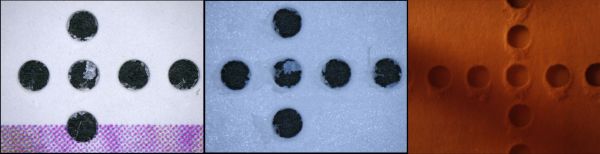 Die Schleifperforation, einmal von vorne, sowie zweimal von hinten mit unterschiedlicher Beleuchtung, um die entsprechenden Spuren besser zeigen zu können Die Schleifperforation, einmal von vorne, sowie zweimal von hinten mit unterschiedlicher Beleuchtung, um die entsprechenden Spuren besser zeigen zu können