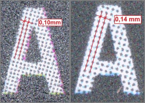 Hier sieht man links einen Ausschnitt des Buchstabens „A“ vom Wort Hans bei 160 + 55 Cent mit dem engen Abstand 0,10 Millimeter und rechts beim selben Ausschnitt der Fälschung mit dem breiteren Abstand 0,14 Millimeter.