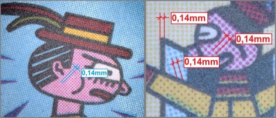 Zwei Teilausschnitte von den Fälschungen, links vom Wert 100 + 45 Cent, rechts vom Wert 160 + 55 Cent. Bei beiden Ausschnitten wurde an verschiedenen Stellen die Rasterweite eingezeichnet und markiert. Sie beträgt immer 0,14 Millimeter.