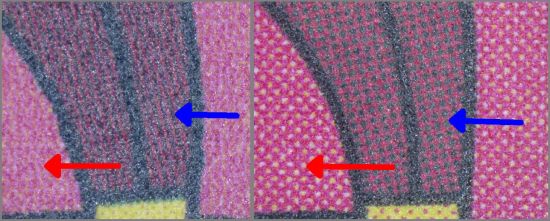 Der Unterschied bei der dunkleren roten Farbe lässt sich beispielsweise am Hosenbein beim 85 + 40 Cent Wert zeigen. Links die echte Marke mit dem helleren Rot, rechts die Fälschung mit dem kräftigeren Rot. 