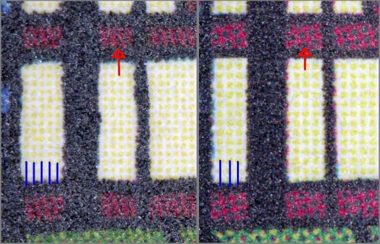 Bildausschnitt von der linken unteren Ecke des Hauses bei der Marke 85 + 40 Cent, links die echte Marke mit 5 gelben Punktreihen (mit blauen Linien angedeutet), rechts die Fälschung mit drei gelben Punktreihen. Der rote Pfeil zeigt weiter die unterschiedlichen Schraffurlinien.